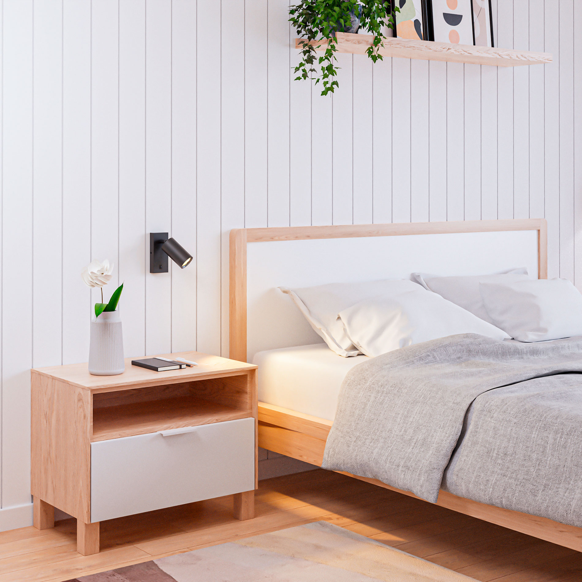 View of a bedroom showcasing an example of product rendering within the Jonil Nordic KeyShot Bedroom scene.